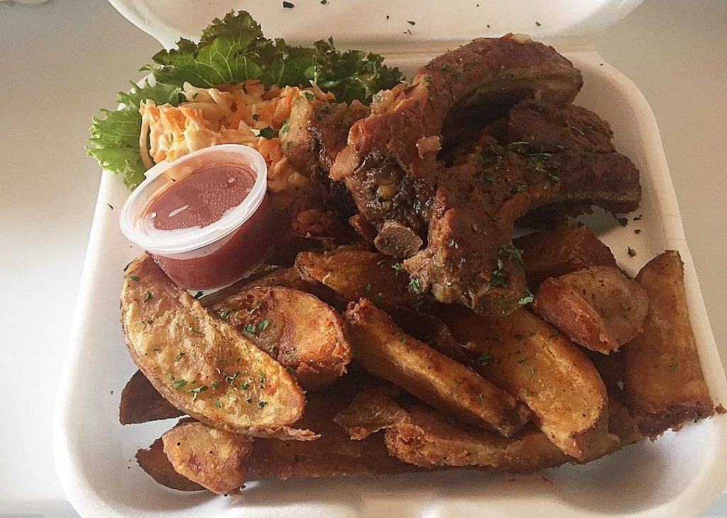Soso B's potato wedges and pork meal